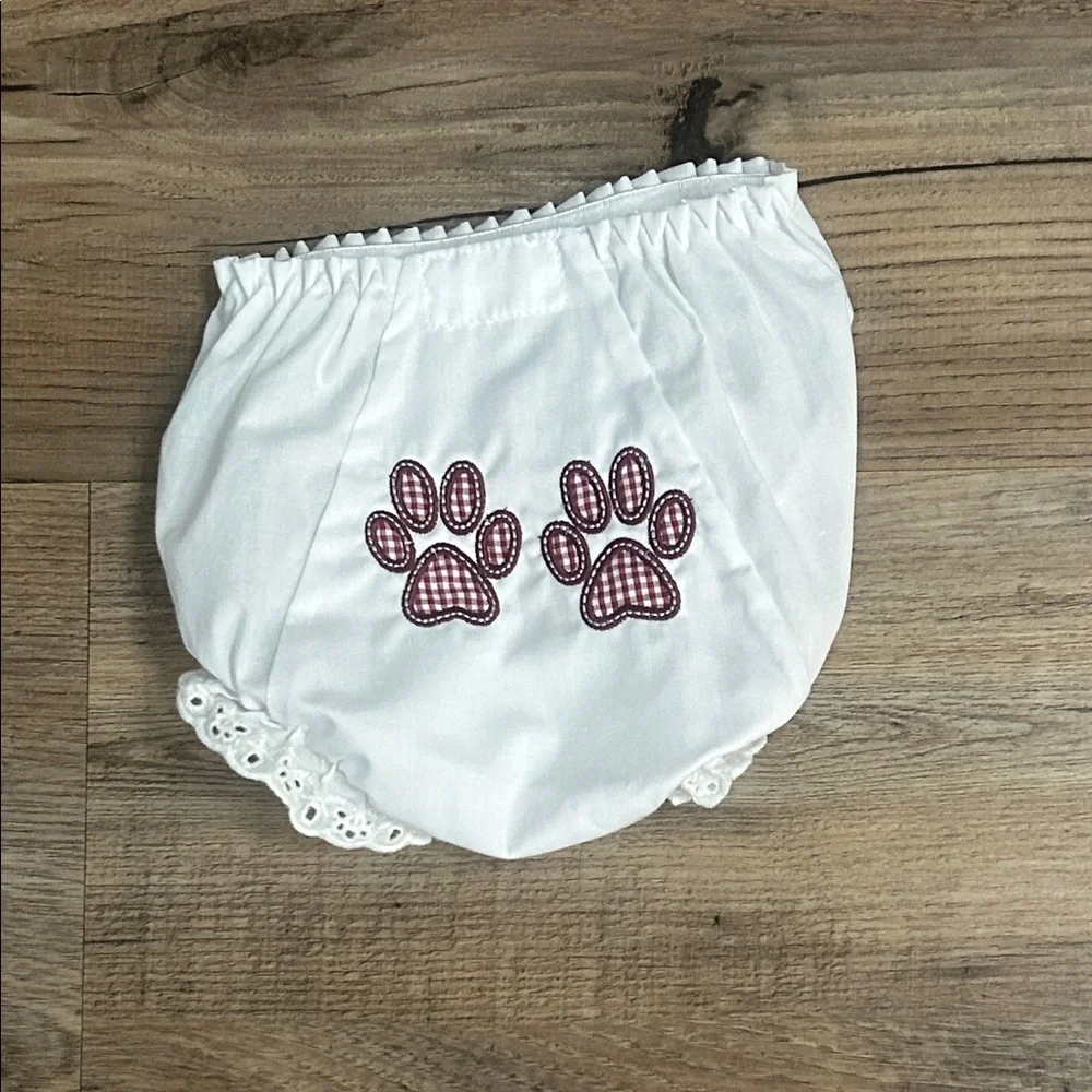 White Kids Bloomers with Burgundy Appliqué Paw Prints